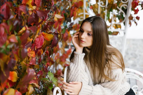 A beautiful happy girl with light brown hair among yellow and red leaves in an autumn Park. An attractive young woman looks away and thinks. Autumn season.