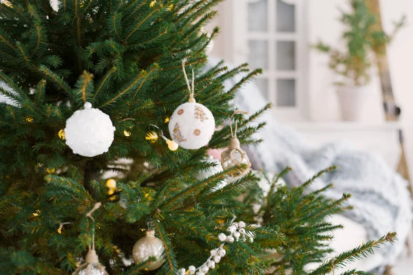 Fir Branch Balls Festive Lights Christmas Background Sparkles — Stock Photo, Image