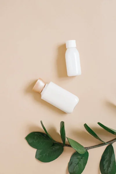 Begreppet Växtbaserade Ekologiska Kosmetika Flaskor Med Kropp Eller Ansiktskräm Och — Stockfoto