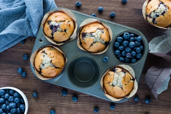 Blueberry muffins in a muffin tin. Baked goods concept. — Stock Photo, Image