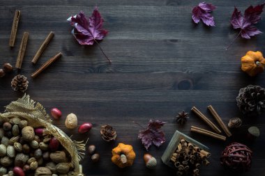 Bir sınır düz yatay motifte düzenlenmiş sonbahar dekorasyonları.