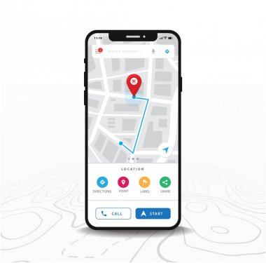Harita Gps navigasyon, Akıllı telefon haritası uygulaması ve ekranda kırmızı pinpoint, Uygulama arama haritası navigasyon, çizgi haritaları arka plan izole, Vektör