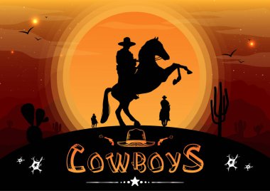 Arka plan ile at sırtında Cowboys Siluet gün batımı, Vektör olduğunu