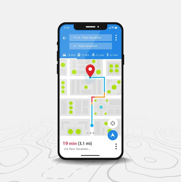 GPS навигация, приложение для карты смартфона и красная точка на экране, навигация по карте приложения, изолированный фон на карте, вектор — стоковый вектор