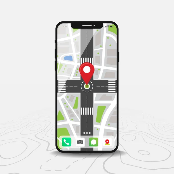 Навігація Карті Точка Карти Смартфон Картою Міста Червоною Точкою Екрані — стоковий вектор