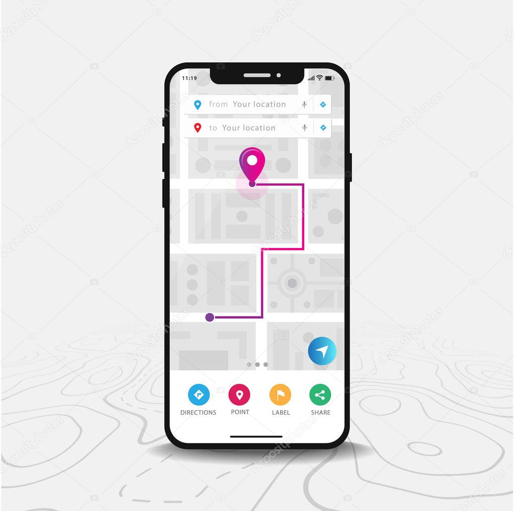 Map GPS navigation, Smartphone map application and purple pinpoint on screen, App search map navigation, isolated on line maps background, Vector