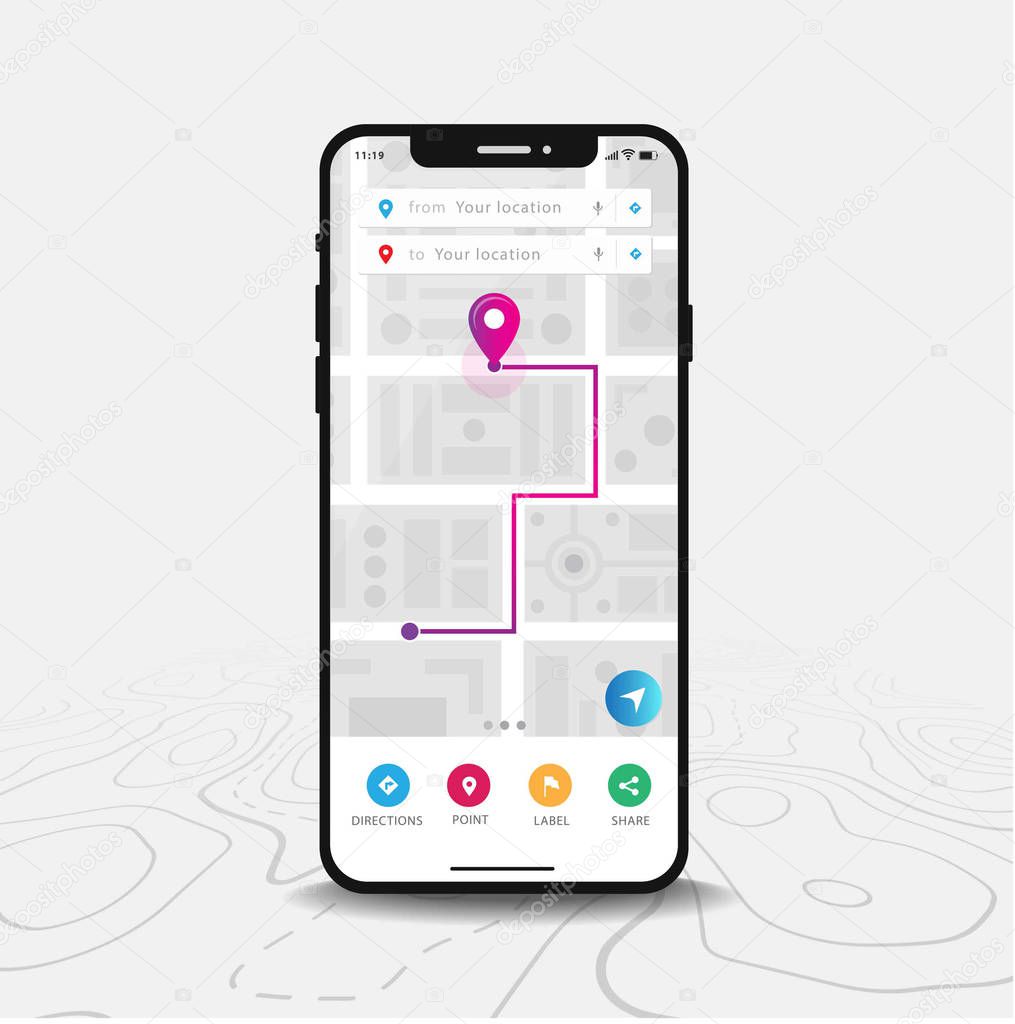 Map GPS navigation, Smartphone map application and purple pinpoint on screen, App search map navigation, isolated on line maps background, Vector