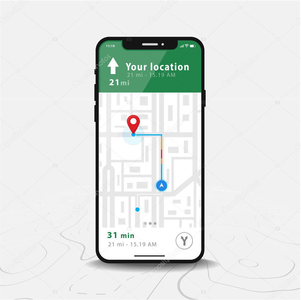 Map GPS navigation, Smartphone map application and red pinpoint on screen, App search map navigation, isolated on line maps background, Vector