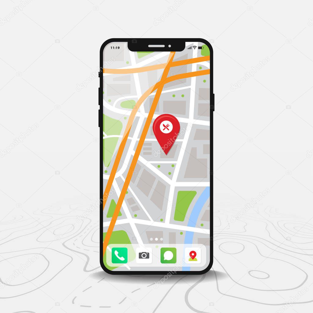 Smartphone with map and red pinpoint on screen, isolated on line maps background.