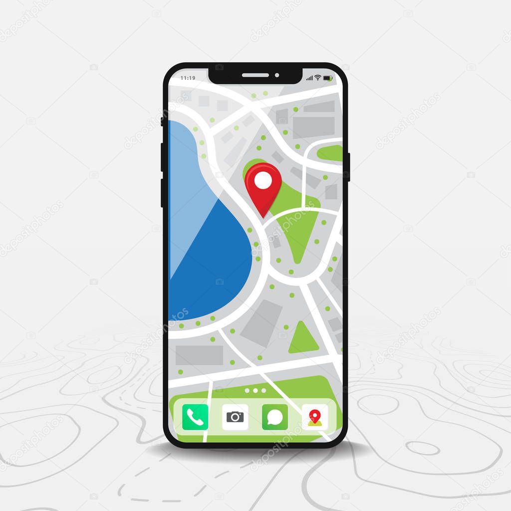 Map, map point, smartphone with map and red pinpoint on screen, isolated on line maps background