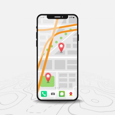 Harita Gps navigasyon, Akıllı telefon haritası uygulaması ve ekranda kırmızı pinpoint, Uygulama arama haritası navigasyon, çizgi haritaları arka plan izole, Vektör