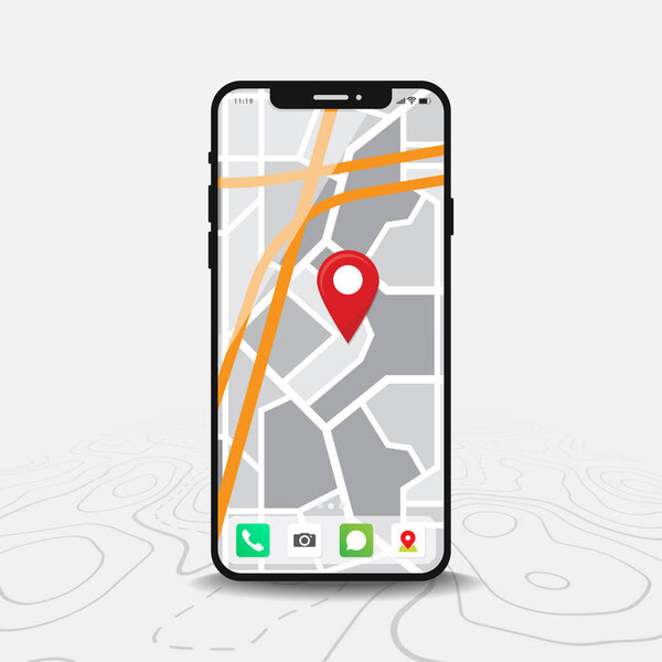 GPS навигация, приложение для карты смартфона и красная точка на экране, навигация по карте приложения, изолированный фон на карте, вектор
