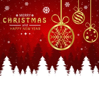 Mutlu Noeller ve mutlu yıllar. Kırmızı arka planda Noel topu altın