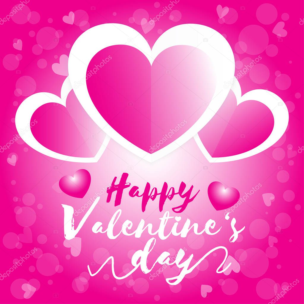 Happy valentine day, valentine's day three heart white and pink  with pink bokeh background