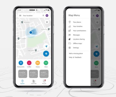 Mobil harita GPS, Smartphone harita uygulaması ve menü ögesi ekranda, Uygulama haritası navigasyonu, satır haritaları arka planında izole edilmiş, grafik tasarımı için Vektör illüstrasyonu