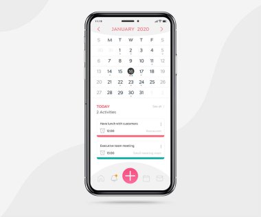 Mobil uygulama takvimi ışık modu konsepti, Etkinlik takvimi şablonu UI UX tasarımı, Akıllı telefon takvim zamanlama uygulaması, grafik tasarımı için Vektör ilülasyonu
