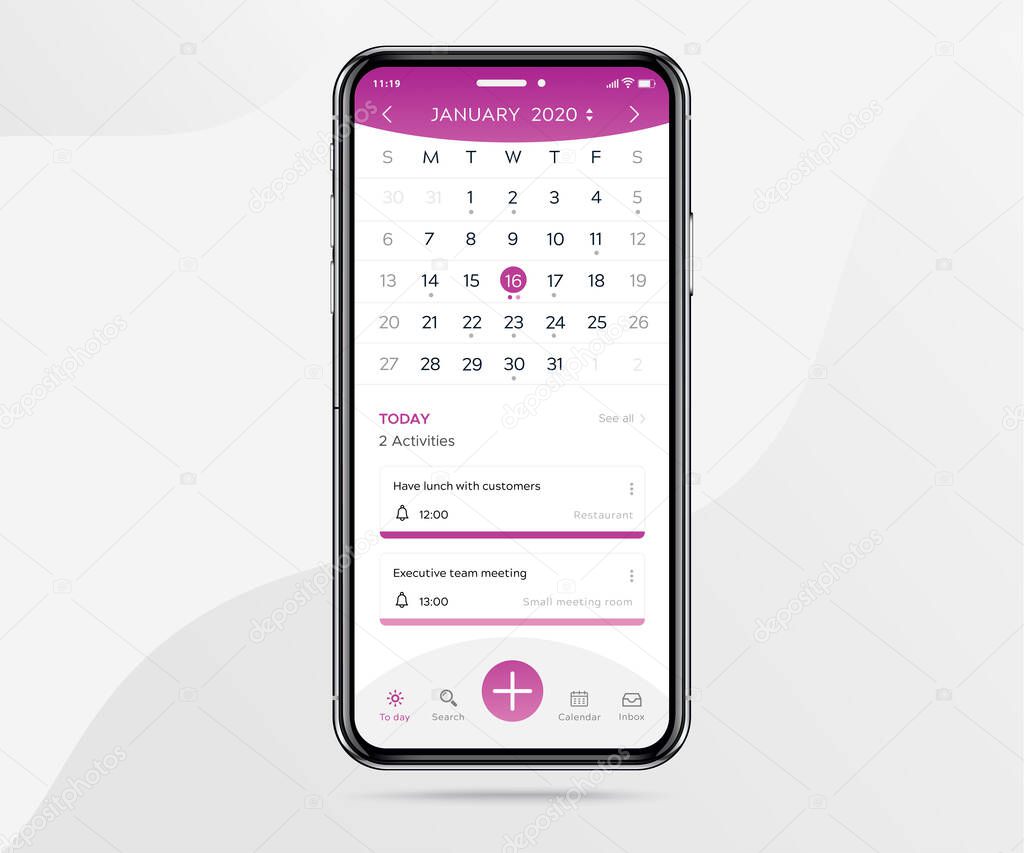 Mobile app calendar concept, Activity calendar template UI UX design, Smartphone calendar schedule application, Vector illustration for graphic design