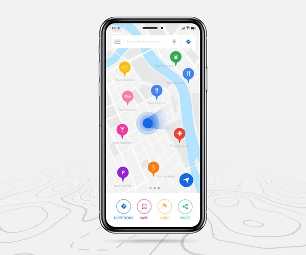 Мобильная Карта Gps Приложение Карта Цветная Точка Экране Поисковая Карта — стоковый вектор