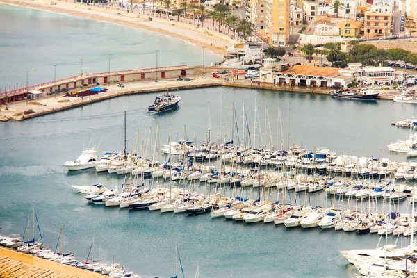 Aerial view of Javea harbor in Spain, from the cape of San Antonio on a cloudy day — Stock Photo, Image