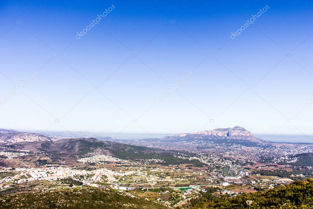 Panoramic view of Montgo mountain in Denia and Javea, Spain. View from Cumbre del Sol mountain, also known as 