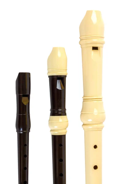 Conjunto de flauta grabadora de plástico. Flautas sopranino, soprano y alto — Foto de Stock