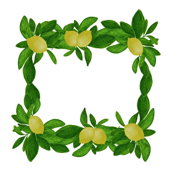 Akwarela kwadratowe dekoracyjne ramki rastrowe z cytryny i liści — Zdjęcie stockowe