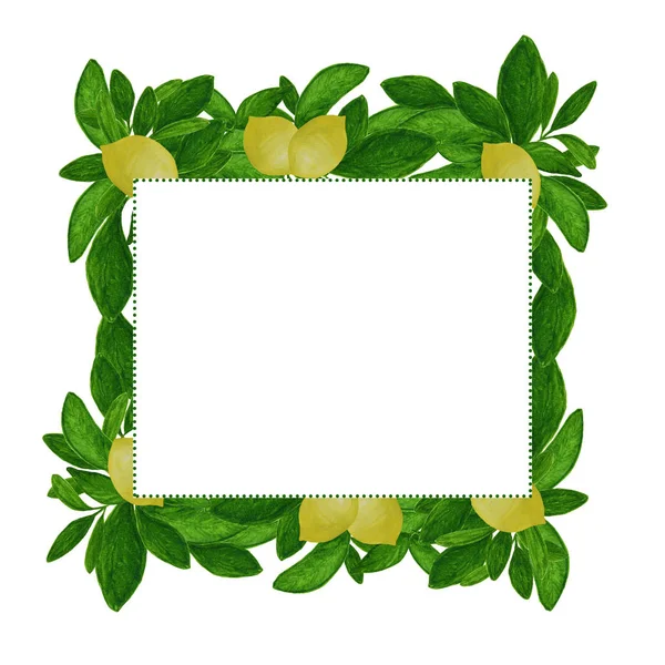 Acquerello quadrato cornice raster decorativo con limoni e foglie — Foto Stock