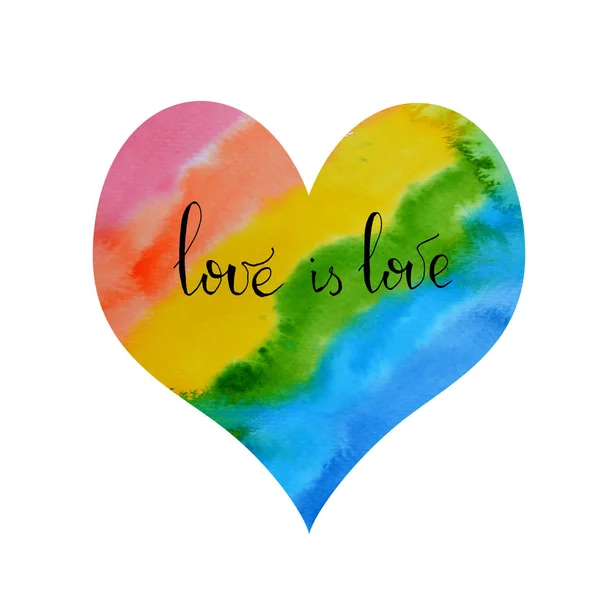 Rainbow hand drawn watercolor heart LGBT Pride design elements.