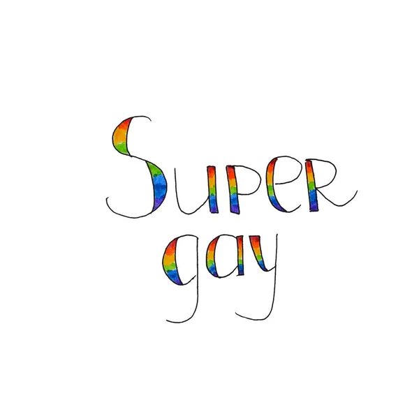 Super Gay. Orgullo LGBT dibujado a mano con letras multicolor en blanco b —  Fotos de Stock