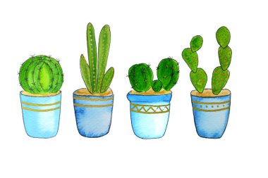 Ev yeşil bitkiler ve kaktüsler suluboya illüstrasyon seti. Dıf