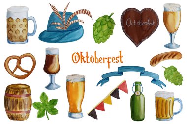 Oktoberfest öğeleri, semboller ve simgeler koleksiyonu ile ayarlayın. Wat