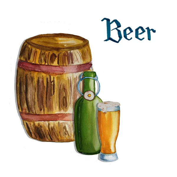 Watercolor illustration of beer. Barrel, glass and beer bottle — Stock Photo, Image