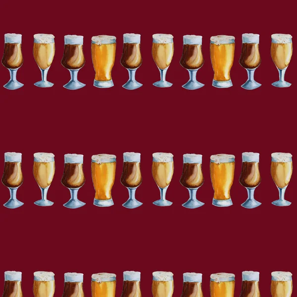 Seamless pattern with glasses and mugs of beer. Watercolor hand — Stock Photo, Image