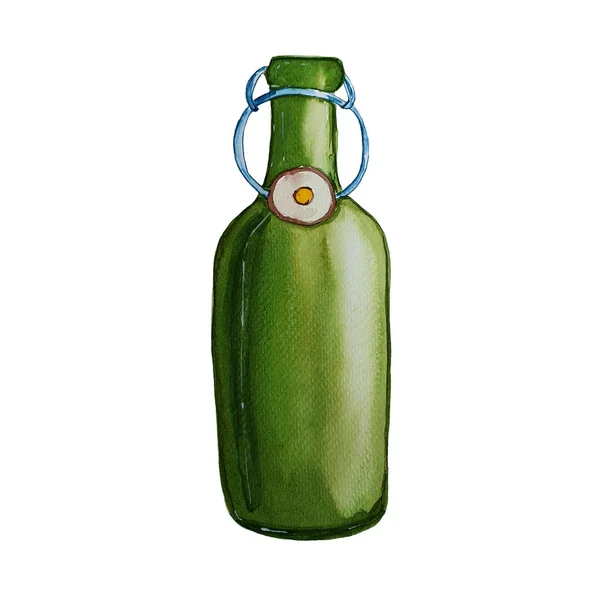 Bottiglia di birra di vetro verde. Illustrazione disegnata a mano acquerello — Foto Stock