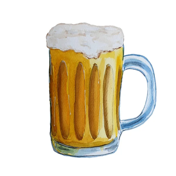 ビールグラス、ビールのマグカップ。水彩画の手描きのイラスト — ストック写真