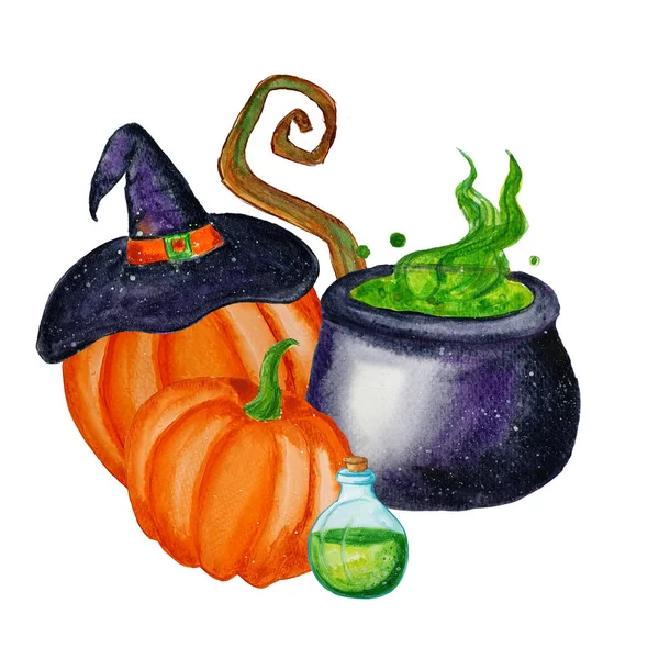 Ilustración de halloween acuarela sobre fondo blanco. Calabaza , — Foto de Stock