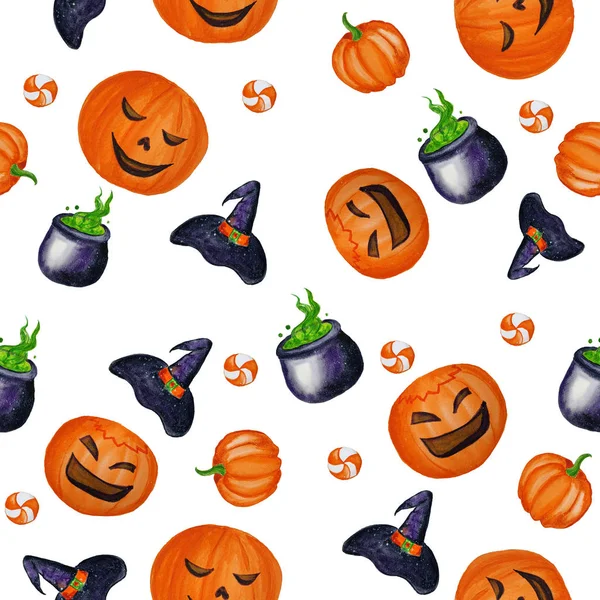 Watercolor  Jack O Lantern halloween and witch hat pumpkin seaml — Stock Photo, Image