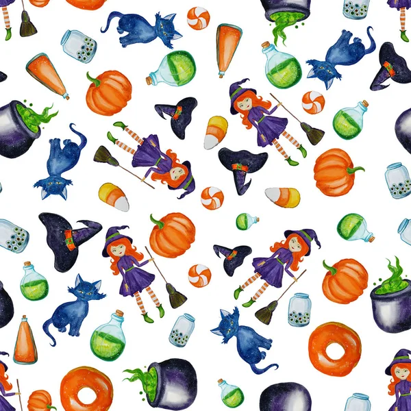 Watercolor seamless halloween pattern or background. Funny and s — Stock Photo, Image