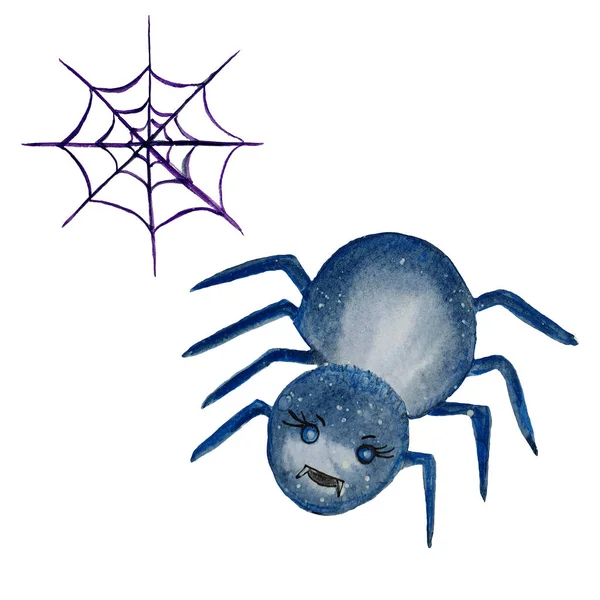 Cute cartoon halloween spooky character spider and cobweb. Smili — Stock Photo, Image