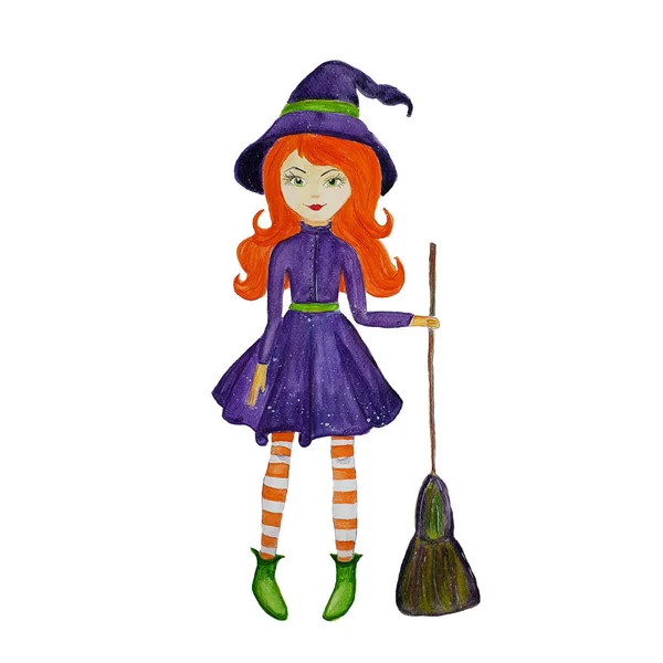 Acuarela dibujada a mano Halloween ilustración alegre pelirroja G —  Fotos de Stock