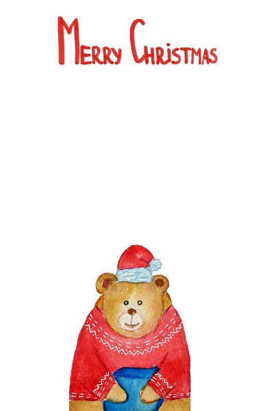 Watercolor desenhado à mão saudação cartão de Natal com urso. Inverno — Fotografia de Stock