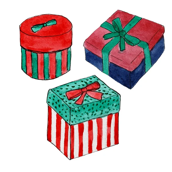 Набір акварельних подарункових коробок зі стрічками. Дивовижна подарункова коробка . — стокове фото