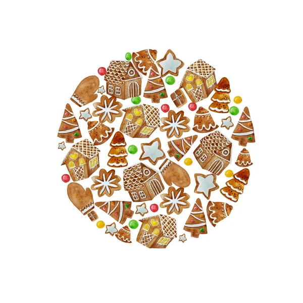 Watercolor shape circle with watercolor gingerbread cookies. Chr — ストック写真