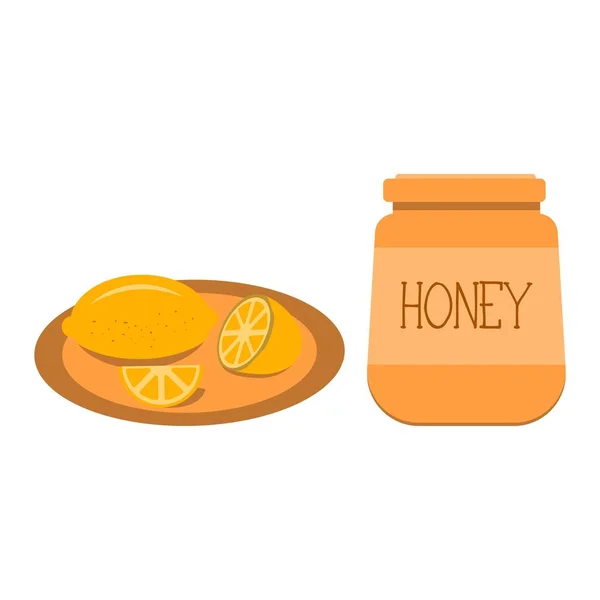 Ein Glas Honig und ein Teller Zitrone — Stockvektor