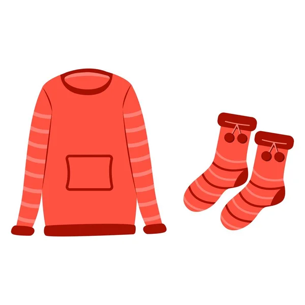 Red sweater and red socks. Warm clothes in the cold season — Stock Vector