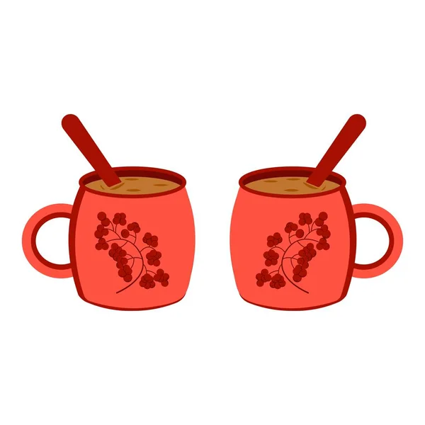 Two mugs with a hot drink and a rowan illustration — Stock Vector