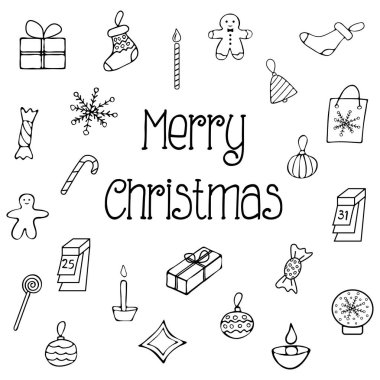 Siyah beyaz karalama tarzında Noel çıkartmaları.