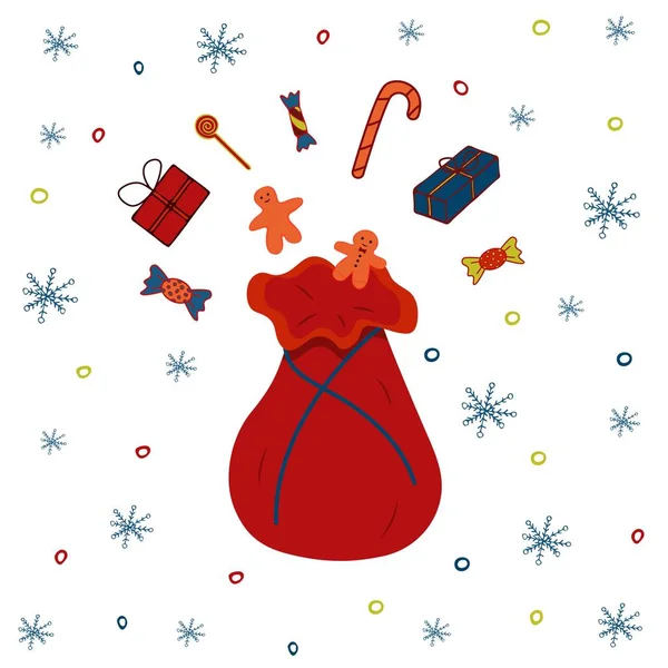 Bolso de Santa Claus con regalos y dulces — Archivo Imágenes Vectoriales