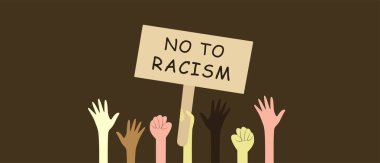 Farklı ırktan insanların elleri, ırkçılığa hayır tabelasıyla kahverengi bir arka planda yükselir. Afrikalılar, Avrupalılar, Asyalılar. Halkın dostluğu ve hoşgörüsü. Eşitlik için mücadele et, protesto et. Vektör illüstrasyonu düz biçimi