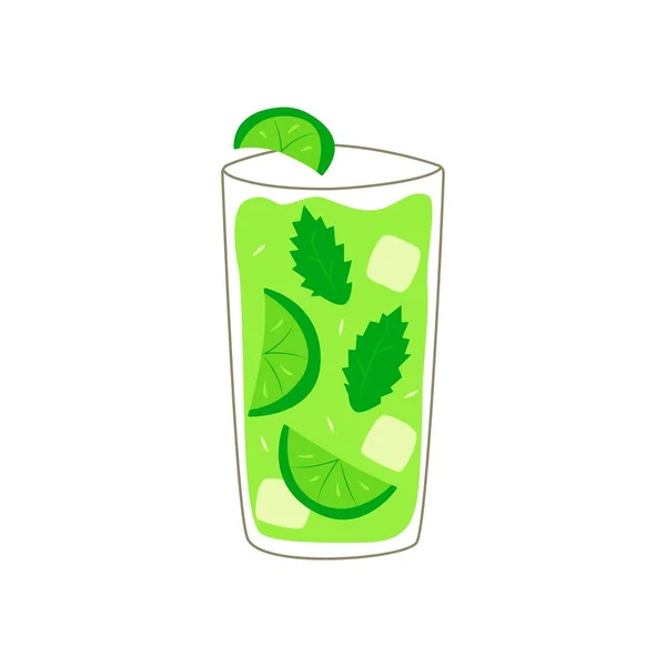 Mojito Een Glas Met Plakjes Limoen Muntblaadjes Ijsblokjes Zomer Drankje — Stockvector